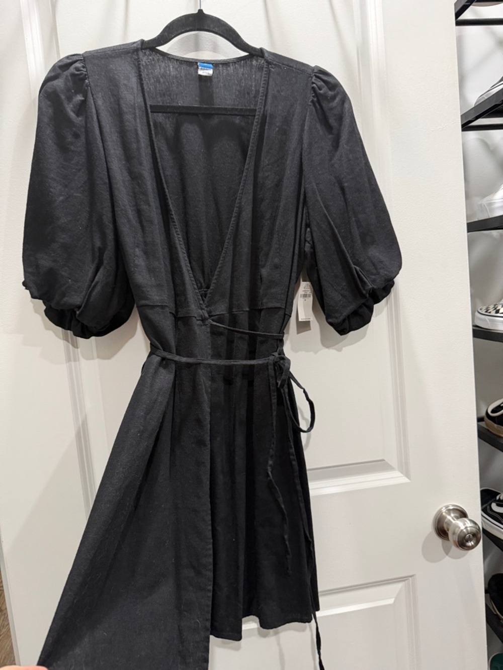 Old Navy Black Puff-Sleeve Wrap Mini Dress